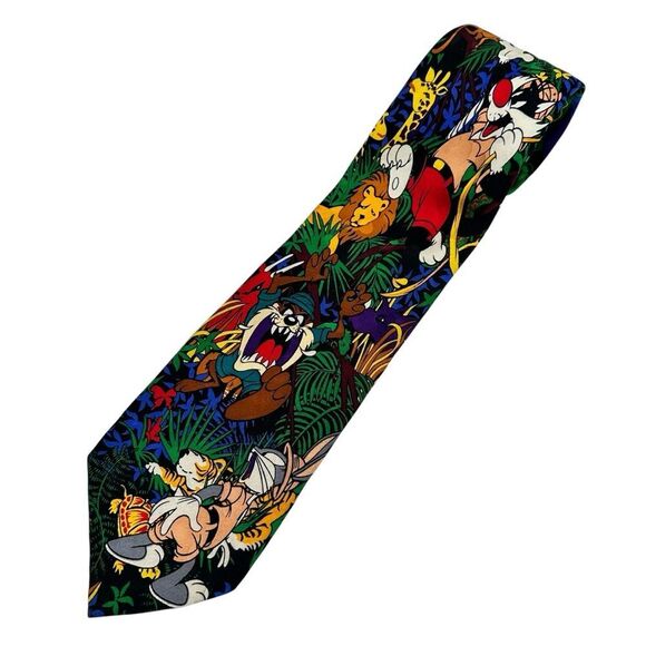 Vintage 1993 Looney Tunes Jungle 100% Silk Tie Bugs Bunny Sylvester Tweety Taz - Picture 1 of 3
